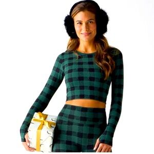 Fabletics Green Black Buffalo Plaid sports bra, top and leggings set size S NWT*